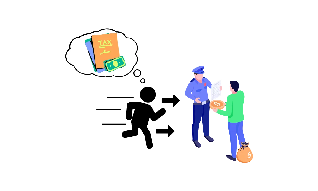 Illustration depicting tax evasion consequences, enforcement actions, civil penalties, and criminal tax charge distinctions.