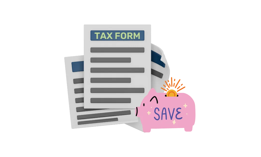 Tax forms alongside a piggy bank showing how resolving back taxes protects U.S. passport rights under current IRS rules.
