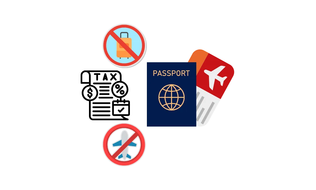 United States passport and travel suitcase sitting next to an IRS tax bill notice, illustrating 2026 IRS passport revocation rules for tax debt.