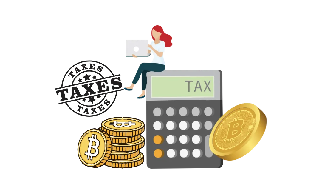 Digital tablet displaying cryptocurrency market charts next to Form 1099-DA and a calculator for crypto capital gains tax calculation.