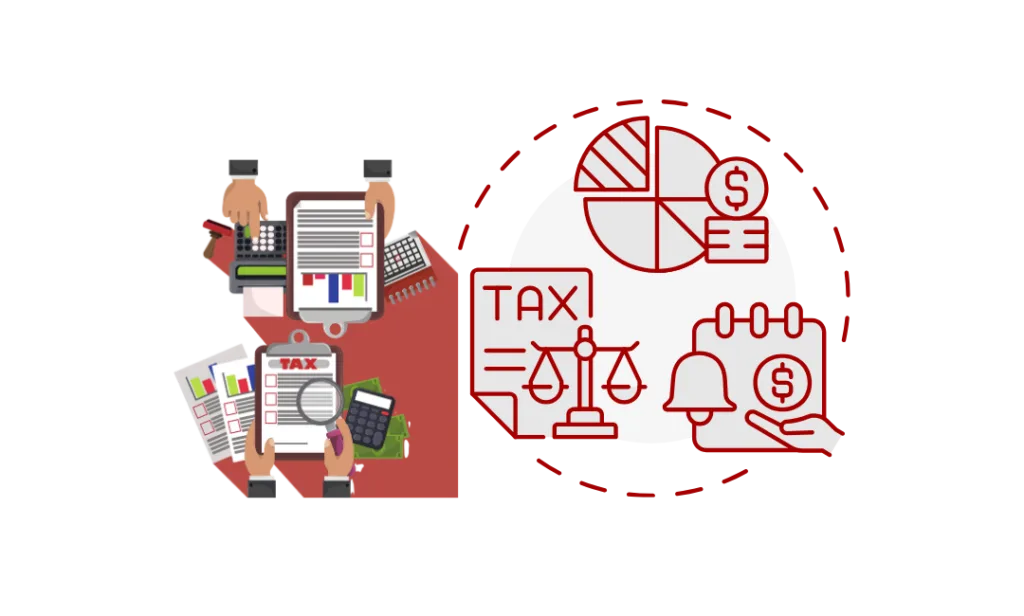 Illustration of tax preparation tools, clipboard documents, and icons representing IRS tax balances and payment schedules.