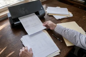 Tax documents being scanned and organized into a client file.