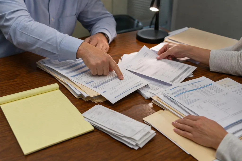 Tax professional and client organizing financial documents for an IRS collection due process hearing