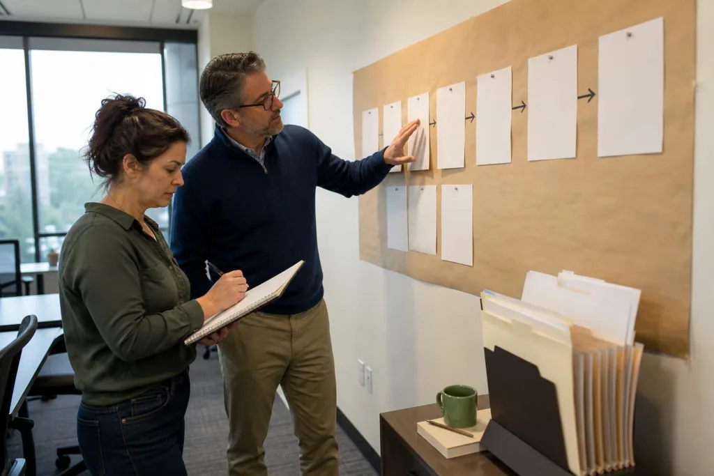 Tax professional and business owner organizing records and a response timeline for an IRS audit appeal