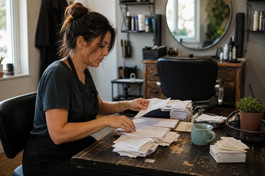 Tax Preparer Due Diligence: Why the IRS Can Penalize a Correct Return 3 Self-employed hairstylist organizing receipts and Schedule C business records.