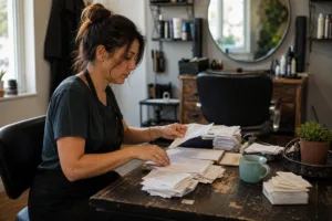 Self-employed hairstylist organizing receipts and business records in a home studio.