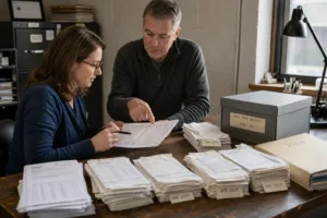 Small business owner and tax professional reviewing organized records during the IRS audit process