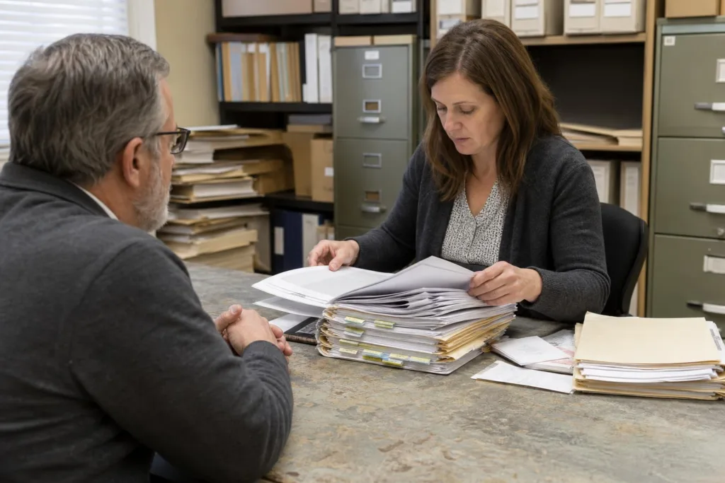 Tax representative reviewing an organized case file with a client to decide whether to file an IRS audit appeal