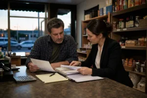 Business owner and tax representative comparing invoices and deposit records during an IRS examination