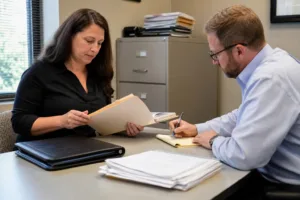 Business owner and tax professional reviewing organized records in a tax-resolution office.