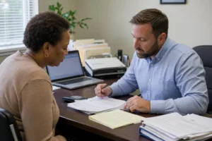 Tax professional and client reviewing tax documents at a worktable.